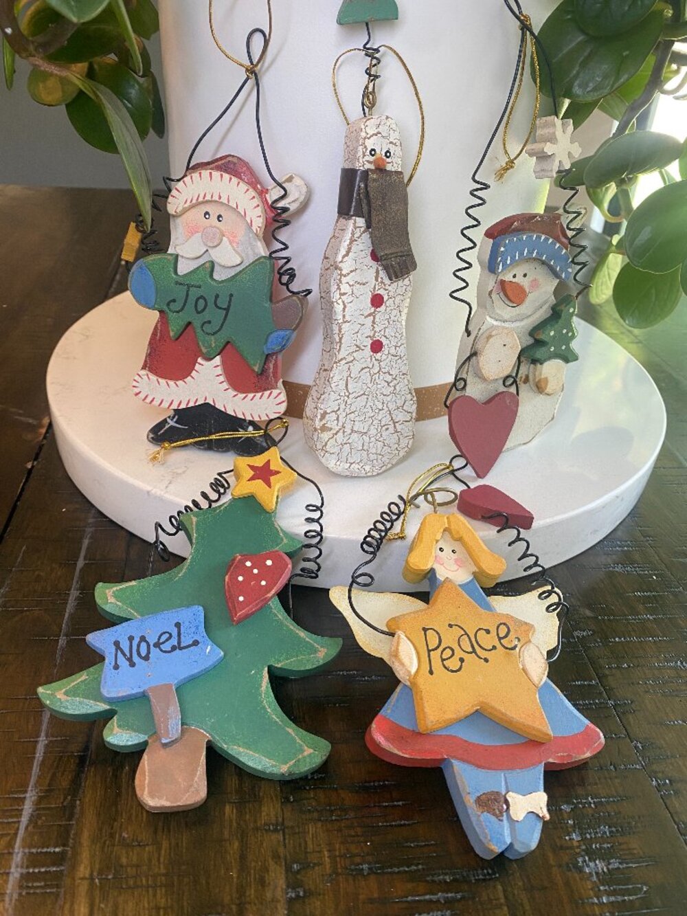 Lot 5 Wood Christmas Ornaments Snowman Santa Angel Noel Joy Peace Wire Accents